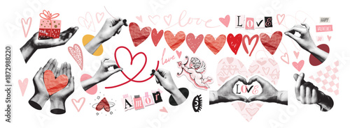 A set of halftone collages of hands with hearts. Love and Valentine s Day, romantic date. Stickers with dot texture for scrapbooking. Modern vintage vector illustration.