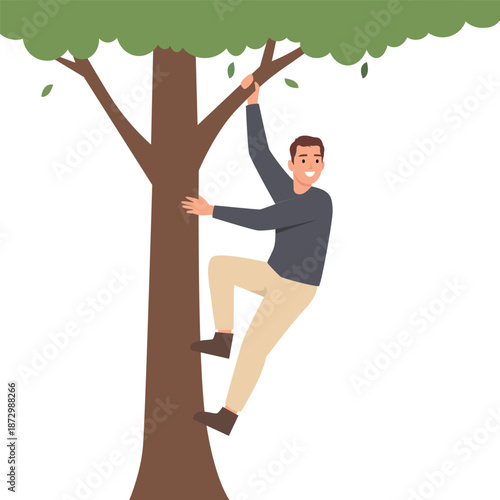 Smiling man climbing a tree, symbolizing outdoor activity, adventure. Flat vector illustration isolated on white background