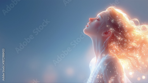 デジタルと融合し光り輝く女性のスピリチュアルな横顔