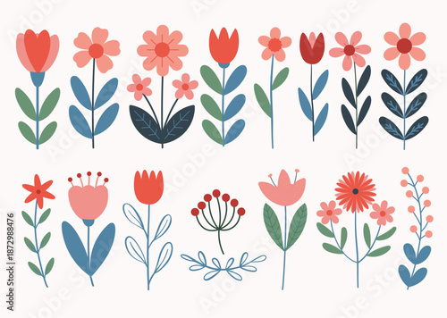 Vector set of spring hand drawn decorative with flowers, branches, bouquets, watering can, teapot  Spring holidays. Perfect for Valentine's Day, Women's Day, Easter, Mother's Day