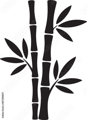Two black bamboo stalks with leaves, elegant oriental plant illustration on transparent background, simple nature graphic design