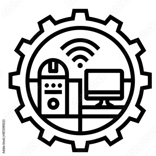 A black and white illustration of a computer and robot in a gear
