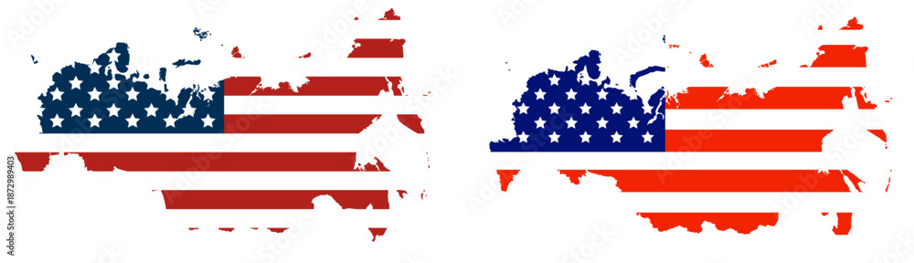 Obraz premium Russia Map with United States Flag Overlay, Geopolitical Relations and Sanctions Policy, US–Russia Political Tension
