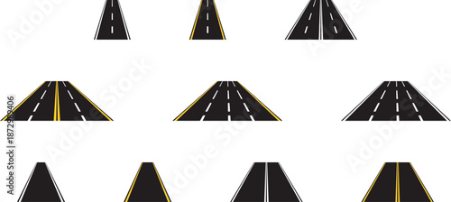 City road and highway top view. Straight and curve roadway. Parts of single and double roads. Transport icons. Aerial view of asphalt street and Road from above with footpaths and crossroads