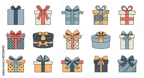 Assorted Gift Boxes with Bows and Ribbons.