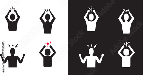 Headache and depression icon set. Angry Man Silhouette black and white symbol isolated on white background. Anger management and aggression icon with man