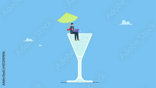 Businessman relax working remotely with laptop in cocktail glass. Work anywhere anytime, hybrid work or flexible hour for employee choice to choose where and when to work.