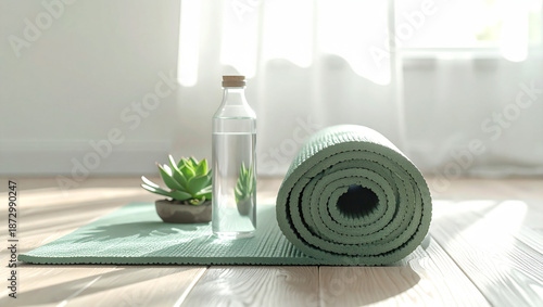 Rolled green yoga mat with glass water bottle and succulent on wooden floor