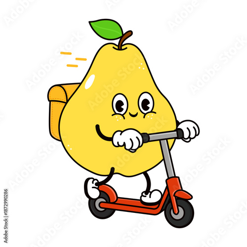 Pear cartoon character delivering food on a kick scooter