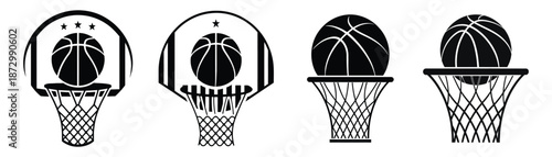 Basketball hoop and ball icon set, black and white basketball game sports vector illustration for logo, app icon, ui design, web graphics, print media, training and tournament use