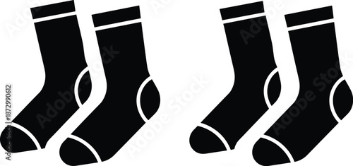 Black socks, white outline, fashion accessory, footwear design, laundry item, retail display, minimalist style, clothing detail, sock pair, textile product