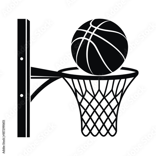 Black and white basketball ball going through hoop vector illustration, monochrome sports engraving style, isolated on white background for logo, t-shirt, poster, branding design