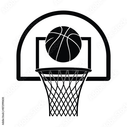 Black and white basketball ball going through hoop vector illustration, monochrome sports engraving style, isolated on white background for logo, t-shirt, poster, branding design