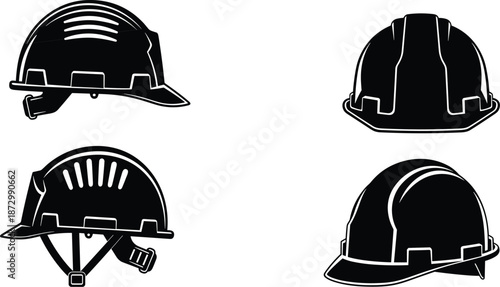 Construction safety hard hat icons set, industrial helmet silhouettes, protective equipment vector illustration, engineering workplace safety symbols collection