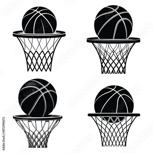 Basketball hoop and ball icon set, black and white basketball game sports vector illustration for logo, app icon, ui design, web graphics, print media, training and tournament use