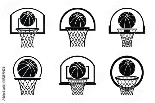 Basketball hoop and ball icon set, black and white basketball game sports vector illustration for logo, app icon, ui design, web graphics, print media, training and tournament use