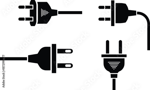 Electric plug silhouettes, black vector icons, minimalist design, power connector shapes, stylized prongs, energy symbols, voltage adapters, socket illustrations