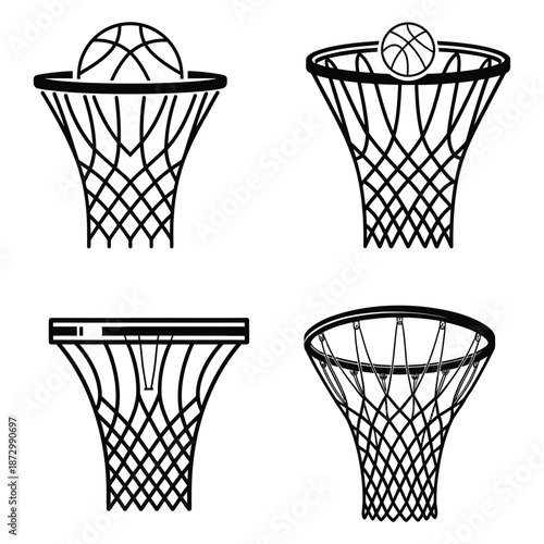 Basketball hoop and ball icon set, black and white basketball game sports vector illustration for logo, app icon, ui design, web graphics, print media, training and tournament use