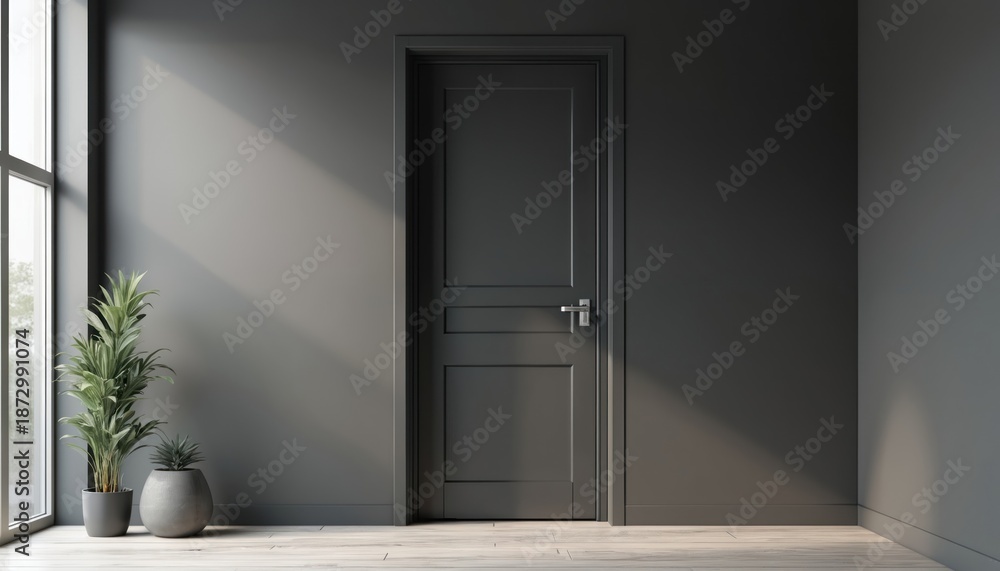 Fototapeta premium Black door in minimalist room interior with plant near a window. Dark modern door design in grey wall room with wooden floor. Apartment room indoors. Home space style with indoor plants near facade.