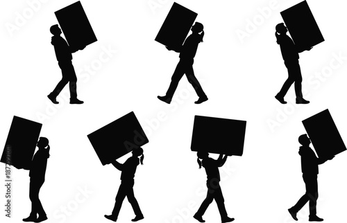 Silhouette, workers, carrying, boxes, manual, labor, walking, movement, effort, heavy, load, posture, transport, teamwork, black, isolated, lifting, hauling, physical, strength