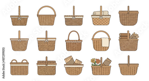 Collection of Various Wicker Baskets with Handles.