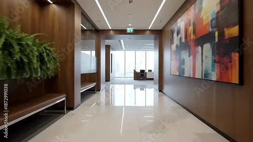 Modern office interior with glass walls and bright lighting