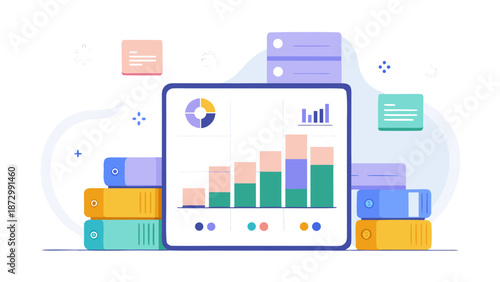 Colorful bar and pie charts on a digital screen surrounded by folders representing business data analysis and financial growth