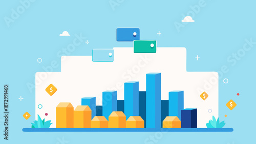 Colorful 3D bar chart illustration with icons and labels representing financial growth and business analytics