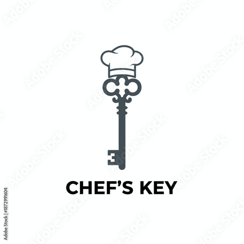 Vintage Chef's Key Logo with Toque Hat Icon for Fine Dining Restaurant and Culinary Academy