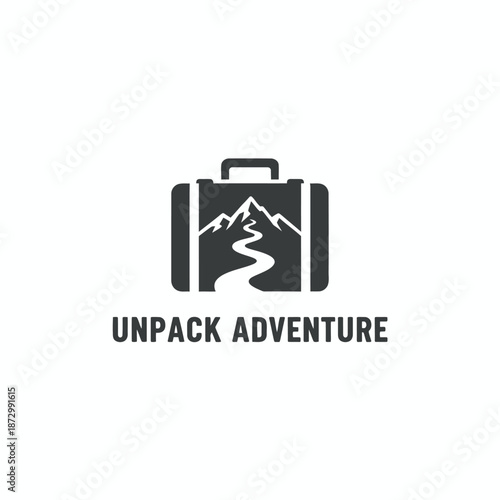 Unpack Adventure Logo with Suitcase Icon and Mountain Road Landscape for Travel and Tourism
