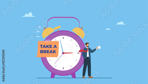 Relax businessman with a cup of coffee or tea with alarm clock. Time to take a break, coffee break time to relax and refresh from long stress interval, free from bored, sleepy and fatigue.