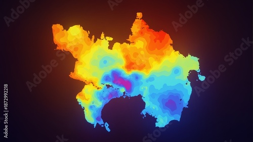 Colorful heatmap of temperature distribution over abstract continent shape