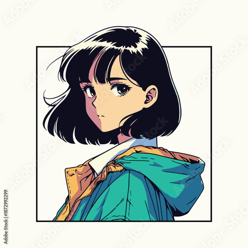 Wallpaper Mural Retro Anime Style Portrait of a Young Woman in a Teal Jacket Torontodigital.ca
