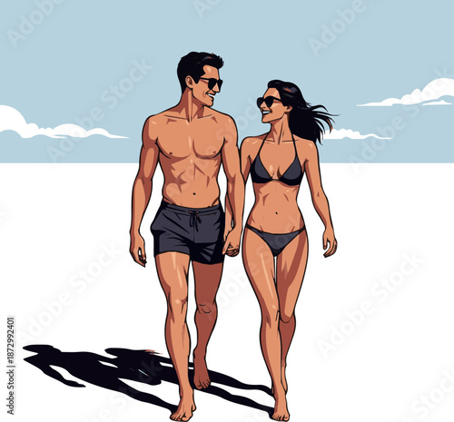 Isolated a realistic Couple in swimwear walking barefoot happily together in the sun vector art with white background. vector art with white background.