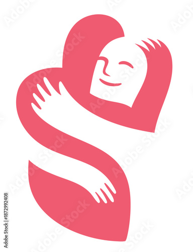 Charity logo with hugging heart shape, emotional support emblem for single mothers and lonely people, nonprofit brand identity symbol