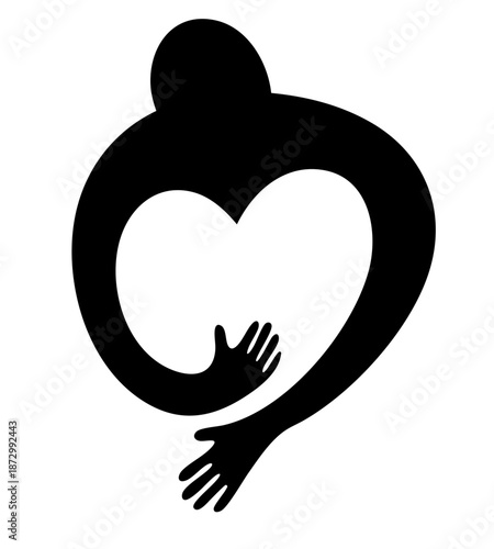 Single Parent and Child Support Logo, Heart Hug Symbol for Family Help and Social Care Organization