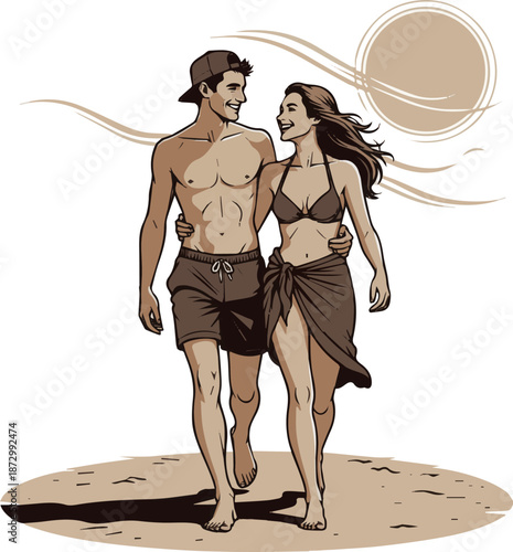 Isolated a realistic Couple in swimwear walking barefoot happily together in the sun vector art with white background. vector art with white background.