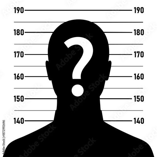 Unknown person silhouette with height scale and question mark, criminal identification and suspect