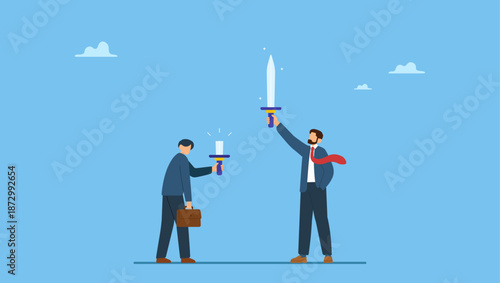 Confidence businessman holding strong sword and other holding weak one. SWOT Business strength and weakness analysis to see opportunity and threats, strategy plan to win business competition.