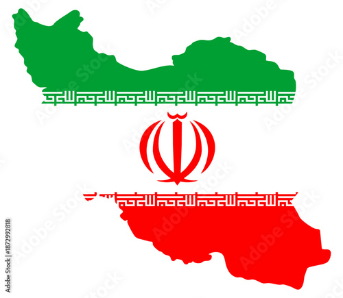 Iran map silhouette with national emblem and flag — Middle East country outline, political territory
