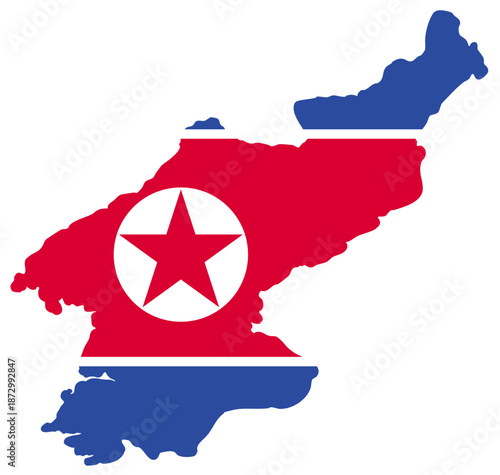 North Korea map silhouette with red star flag — DPRK territory outline, isolated state political geography symbol