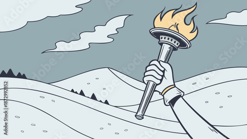 Dramatic torch held high in snowy mountain landscape with cloudy sky