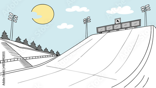 Snowy ski slope with illuminated lights at dusk or night