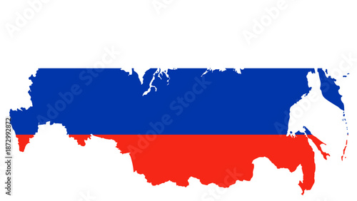 Russia map silhouette filled with Russian tricolor flag — national territory shape, country border outline, political geography symbol