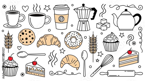 Doodle Set of Bakery and Coffee Items, Icons for Cafes and Breakfast Menus