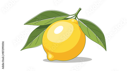 Bright Yellow Lemon with Green Leaves on a White Background, Vector Illustration