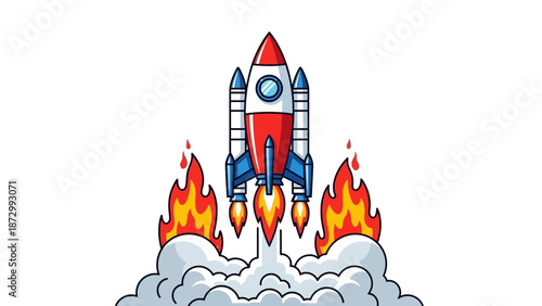 Rocket Launching into Space with Fiery Exhaust and Smoke Clouds, Business Success Concept