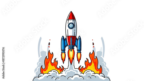 Red and Blue Rocket Launching with Fire and Smoke, Inspiring Space Exploration