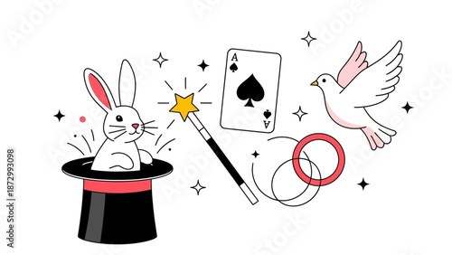 Magic Tricks Entertainment: Rabbit from Hat, Wand, Dove, Card, Rings, and Sparkles