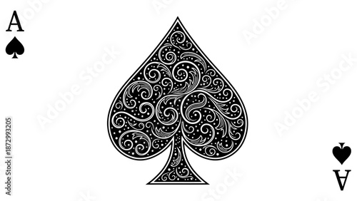 Elegant Ace of Spades Playing Card with Intricate Ornate Design, Black and White